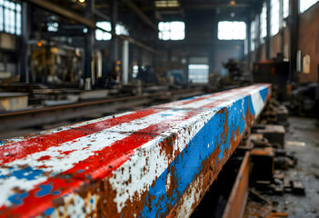 Bold streaks of red white and blue stretch across a rusted steel beam in a factory the colors blend with age and texture creating a patriotic industrial masterpiece