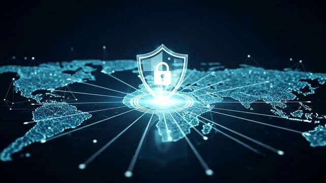 Digital map of the world with a glowing shield symbolizing cybersecurity