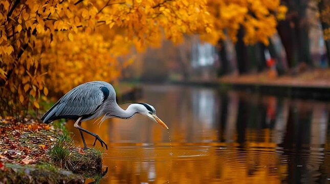 Grey Heron standing and fishing on a grassy bank beside a calm canal in park, framed by a striking canopy of bright autumn foliage. 