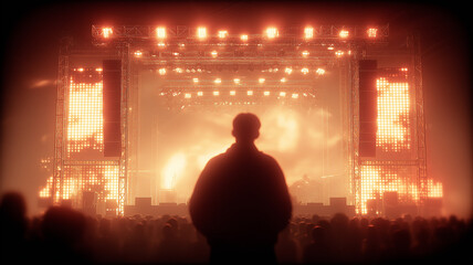 Concert stage illuminated as a spectator faces the performance, conveying live music energy crowd anticipation and the immersive entertainment event concept.
