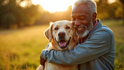 Happy African American senior hugs yellow Labrador Retriever. Smiling man embraces dog outdoors in park. Relationship owner, pet. Concept of care, love, friendship. Golden hour sunset lighting.
