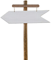 A road sign in the form of a white wooden arrow
