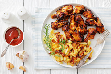 bbq chicken wings with fried potatoes on plate