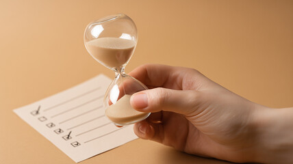 Hourglass above a checked checklist representing deadlines task prioritization and disciplined time management for productive planning.
