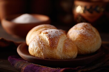 pan de muerto bread with sugar, rustic table