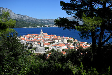 Obraz premium Korcula Old Town panorama. Top view on the Korcula Old Town.