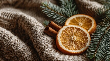 Warm holiday decor featuring dried orange slices and pine branches on a cozy blanket