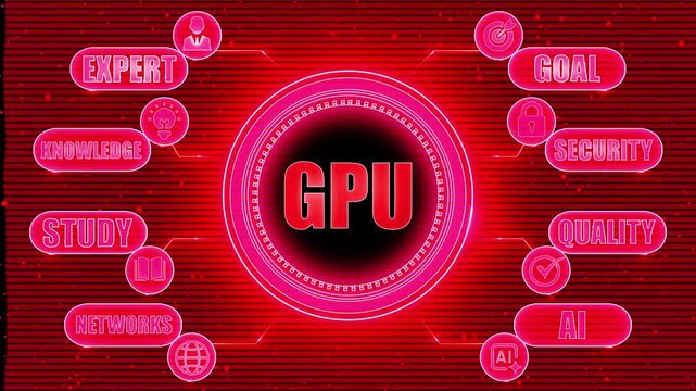 GPU concept with connected icons for expert knowledge study networks goal security quality and AI on a red digital background