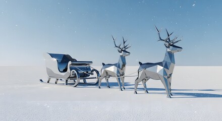 A low poly silver sleigh pulled by two reindeer on a snowy landscape under a bright blue sky