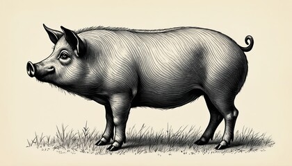 Vintage style black and white pig sketch in ink and pencil. Linear drawing depicts a hog or boar silhouette from side view. Engraved artwork with old school scratchy texture.