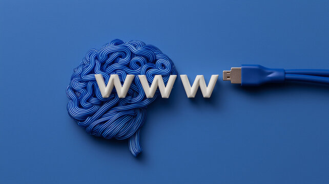 Cable formed brain with the letters www and a plug depicting internet connected thinking digital knowledge and the human web interface
