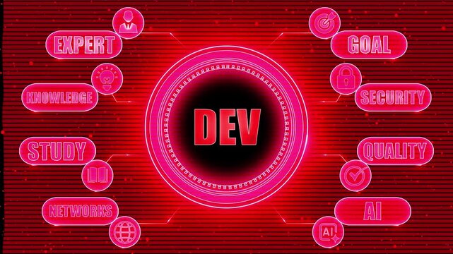 Abstract red digital infographic with central text DEV and surrounding concept icons Keywords: DEV, infographic, digital, technology, abstract, red, background, network, data, connection