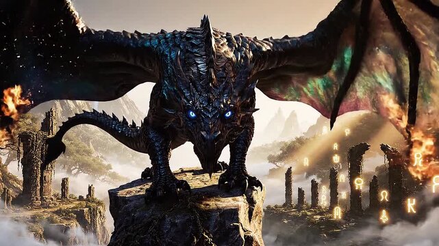 Majestic black dragon awakening in misty ancient valley at dawn, wings unfolding with ethereal blue flames, overlooking enchanted forest ruins and glowing rune