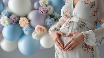 Pregnant belly in chiffon dress with heart gesture