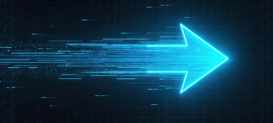 Bright blue neon arrow signifies fast motion on dark digital background. Speed, direction, technology, innovation. Dynamic, futuristic design element with luminescent effects, representing energy,