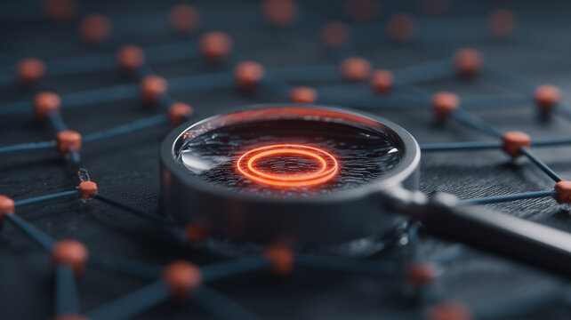 Magnifying glass over a connected network grid highlighting a target ring, symbolizing cybersecurity investigation threat detection and intelligent network monitoring
