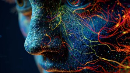 A vivid digital face glows with vibrant colors and intricate patterns, disintegrating into thin air against a dark blue background, symbolizing the fusion of humanity and advanced technology - Powered by Adobe