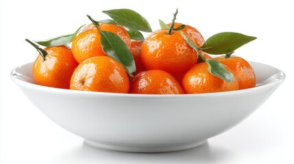 Fresh and vibrant mandarins displayed in a white bowl with green leaves