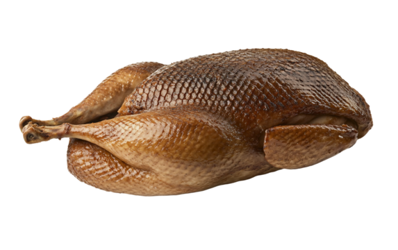 Large roasted goose with perfectly crispy golden skin served on a festive dining table with rich textures and appetizing presentation isolated on transparent background PNG