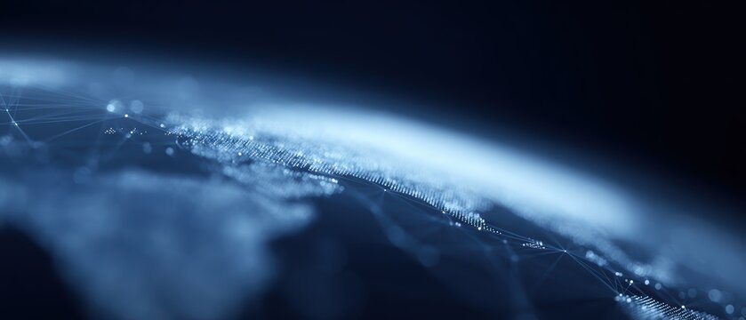 futuristic 3D render of global finance network, glowing blue world map