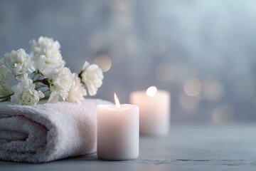 peaceful spa scene with candles and flowers, calm and relaxation mood