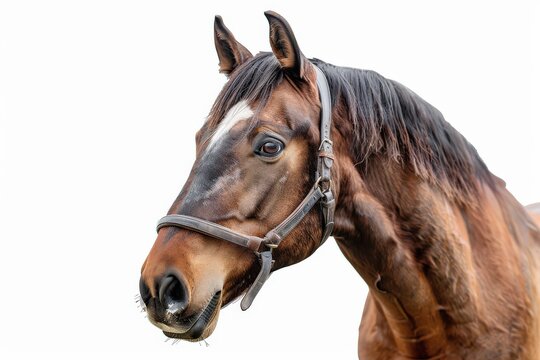 Majestic Brown Horse Portrait: A close-up view of a handsome brown horse with a distinctive white blaze, captured in a studio setting.