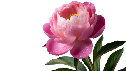 Delicate pink peony bloom with water droplets against black background