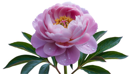 Delicate pink peony bloom with green leaves against a dark background