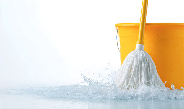 Cleaning mop with yellow bucket splashing into water for cleaning product advertisement or household chore concept with copy space