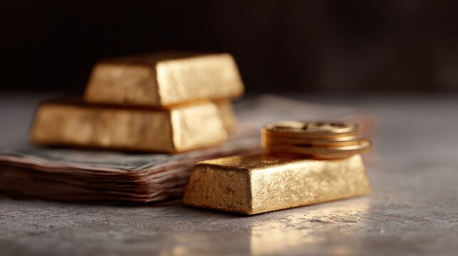 stack of money, gold bars, and bitcoin together, wealth diversification theme