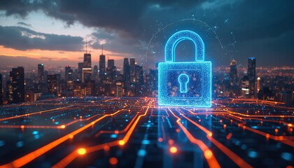 City skyline night, illuminated lock graphic overlay digital security protection. Cyber network, data protection concept. Urban landscape modern innovation, secure connection. Fintech, cybersecurity,