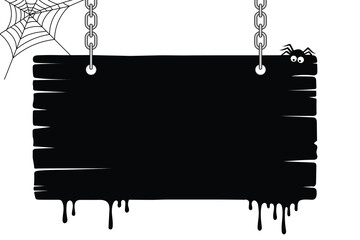 Black wooden sign with spider and spiderweb hanging from chains, vector illustration