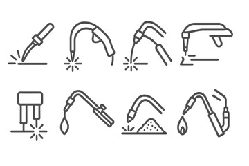 Welding Tools Icons. Line style icons of Welding methods: arc welding, MIG welding gun, TIG welding torch, plasma cutter, spot