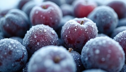Close-up shot of frozen plums covered in frost. Fresh, ripe fruit with icy texture. Winter cold season still life photo, captures juicy, sweet harvest from farm, ready to eat.
