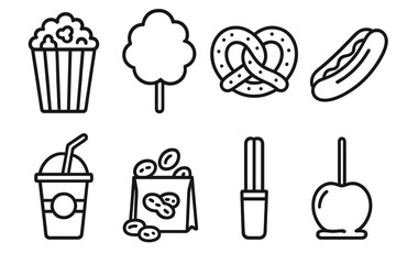 Circus Food Icons. Line style icons of Circus food: popcorn, cotton candy, pretzel, hotdog, lemonade cup, peanuts bag, churro,