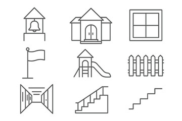 Fototapeta premium School Line Icons. Line style icons of School Building: Bell Tower, Entrance Door, Window, Flag, Playground, Fence, Hallway,