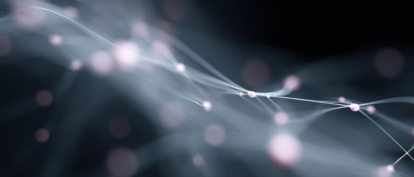 3D render of neural network visualization, glowing data nodes and digital connections