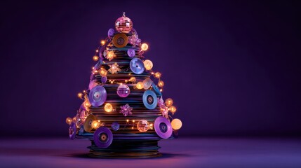 Creative Christmas tree made from vinyl records with colorful decorations and lights