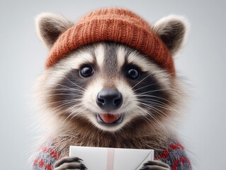 Obraz premium Cute raccoon in a knitted hat and sweater holding a small white gift box for greeting card or holiday celebration.