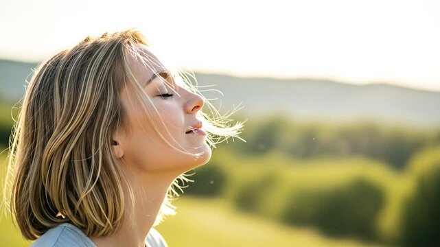 Blonde woman takes deep breath, exhaling air. Stress relief and enjoying calm rest.