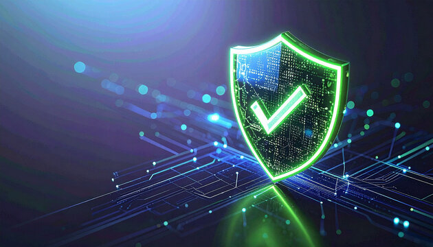 Digitales Sicherheitssymbol mit leuchtendem Schild und H&auml;kchen auf futuristischem Hintergrund