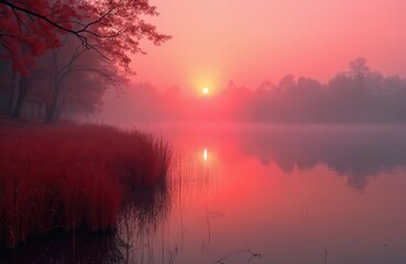 Red reeds line calm lake shore. Sunrise horizon glows through misty trees and soft fog. Tranquil morning landscape reflects sunlit sky on water surface. Serene natural beauty.