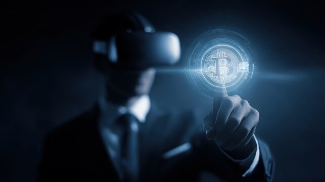 futuristic businessman wearing VR headset interacting with bitcoin hologram