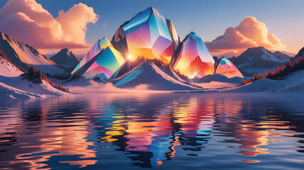 Vibrant crystal mountains reflecting in a serene lake at sunrise surreal landscape