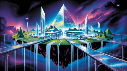 Breathtaking sci-fi digital artwork depicting a futuristic cityscape with vibrant lights and water features