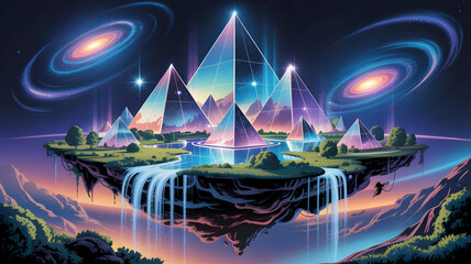 Breathtaking sci-fi landscape featuring floating islands and cosmic nebulae