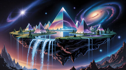 Breathtaking sci-fi landscape floating city with rainbow pyramid waterfalls and cosmic galaxy views