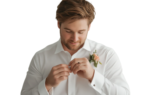Handsome man adjusting shiny cufflinks as he prepares his formal outfit before the ceremony isolated on transparent background PNG