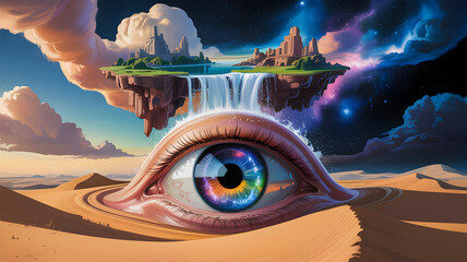 Surreal landscape with giant eye and floating islands waterfall cosmic sky