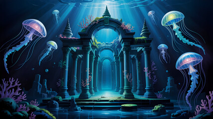 Surreal underwater kingdom with glowing jellyfish and ancient architecture bathed in mystical light